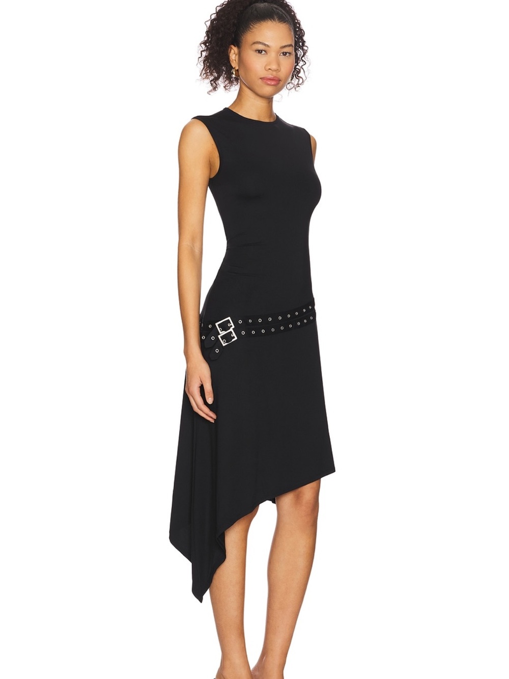 With Jean Gabriella Dress Sleeveless Asymmetric Black Dress with Grommet Belt - Picture 2 of 4